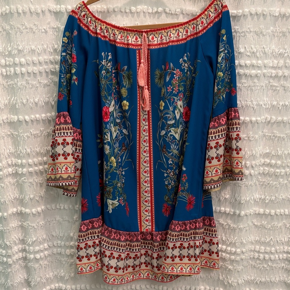 Umgee Blue Floral Off-Shoulder Dress